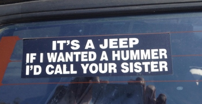 Bumper sticker on a Jeep