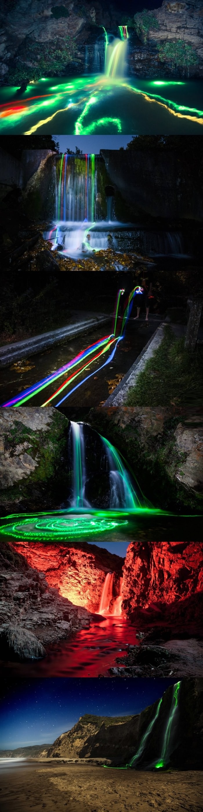 Glow sticks into a waterfall
