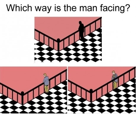 Which way is the man facing?