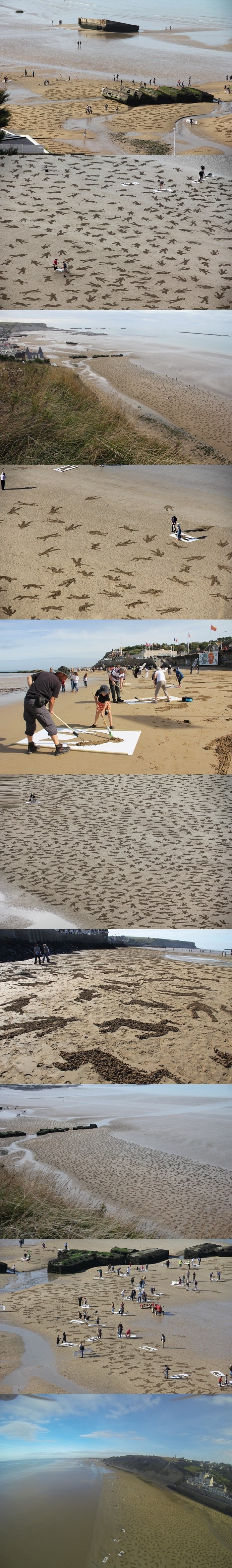 Soldiers etched into sand