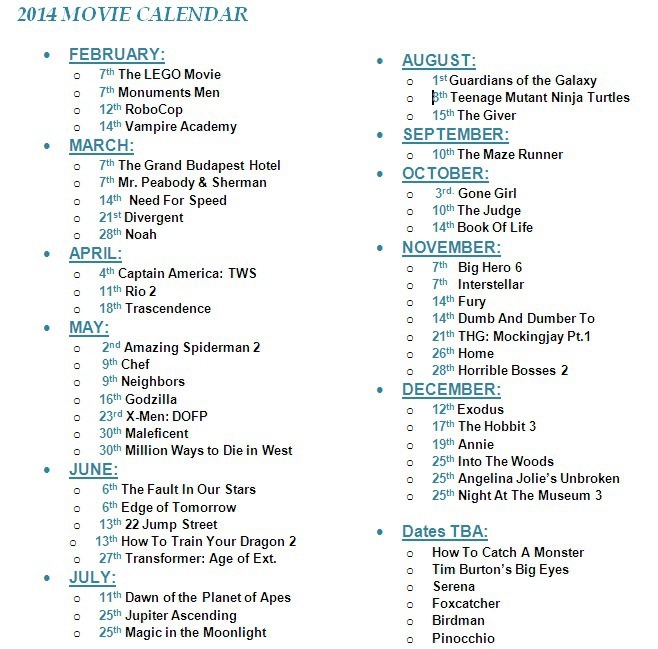 2014 Movie Calendar