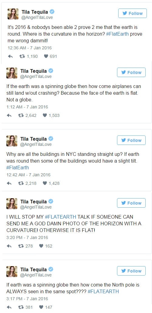 Tila Tequila says earth is flat