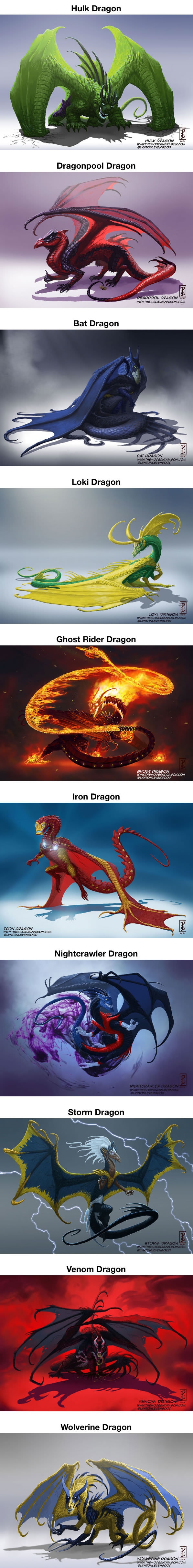 Re-imagined popular comic characters as dragons