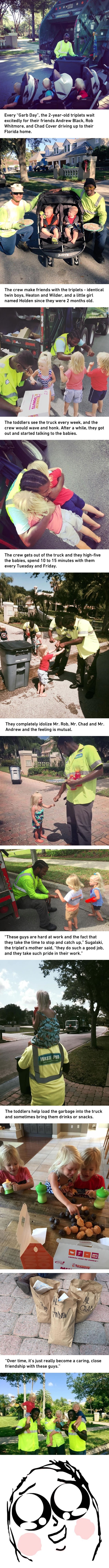 2 year old triplets share an adorable bond with garbagemen