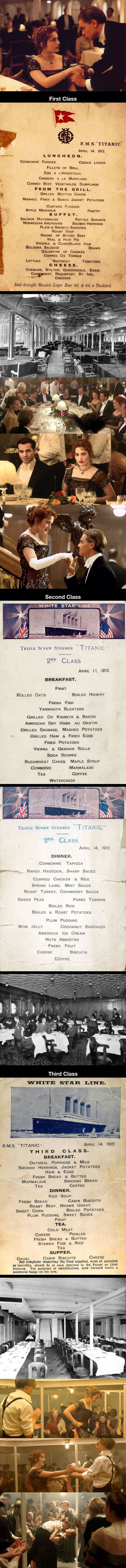 Titanic food menus for 1st, 2nd & 3rd class passengers