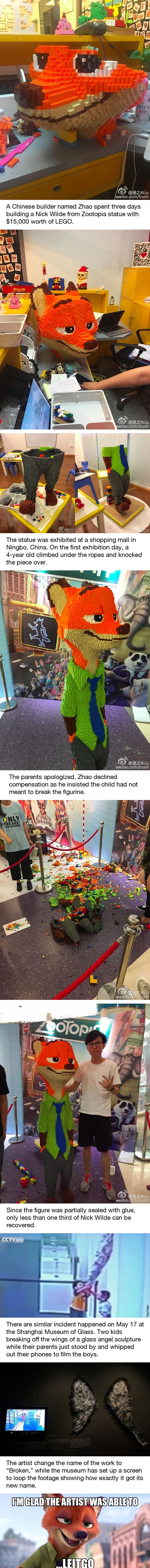 Dude spent 3 days building Zootopia lego figurine, kid smashed it in seconds