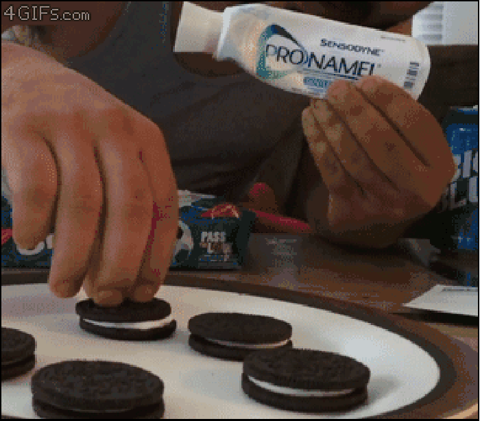 Taking a bite of oreo toothpaste