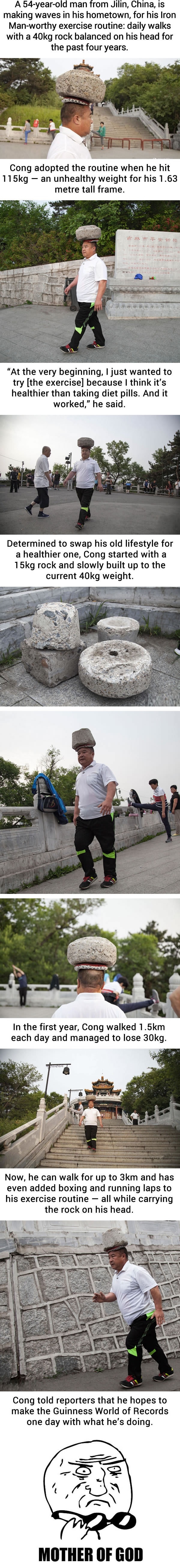 Chinese man has been walking with a 40kg rock on his head
