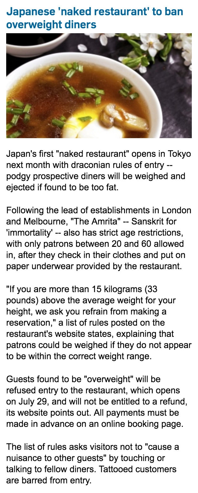 Japanese 'n*ked restaurant' to ban overweight diners