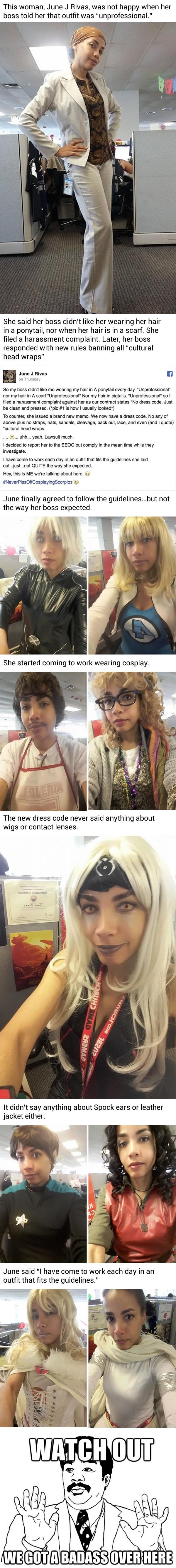 Woman goes to work in cosplay