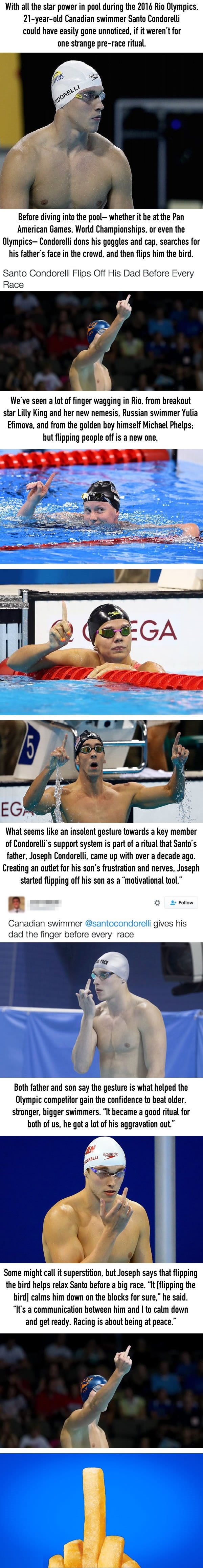 Why Canadian swimmer Santo Condorelli wouldn't stop flipping the bird