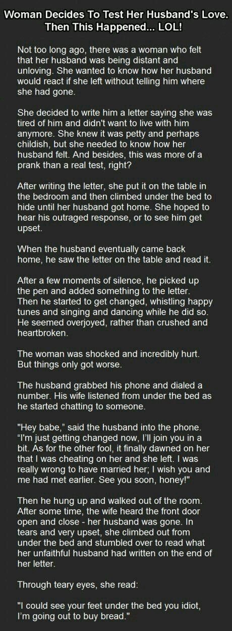 Woman decides to test her husbands love