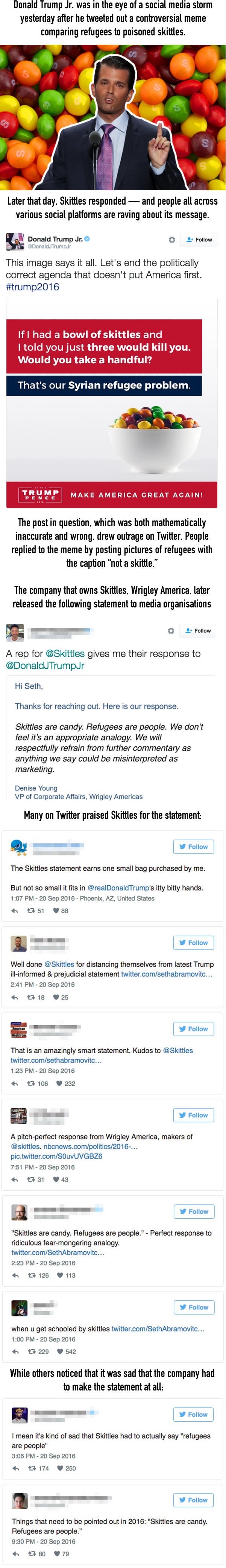 Skittles' response to Trump's refugee tweet