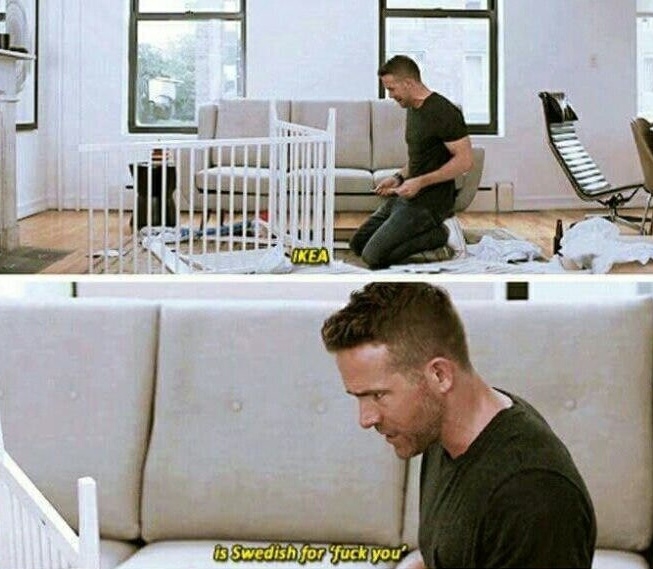 Deadpool trying to assemble furniture
