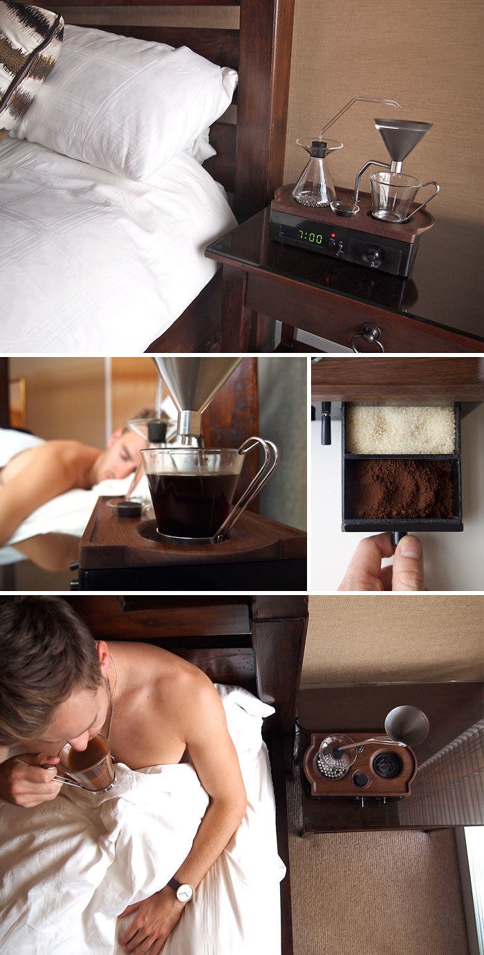 Alarm clock that wakes you up with a cup of coffee!