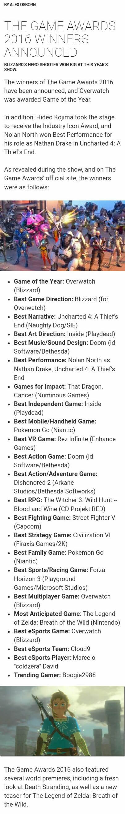 Game Awards 2016 winners