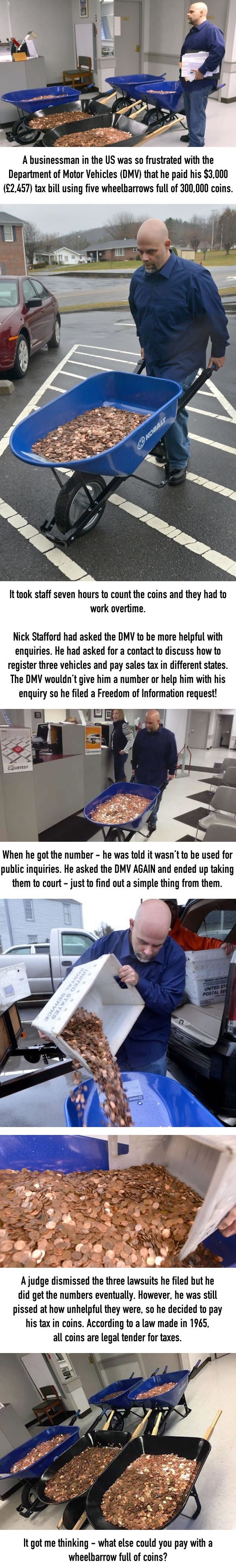 Man pays tax bill with 5 wheelbarrows full of coins