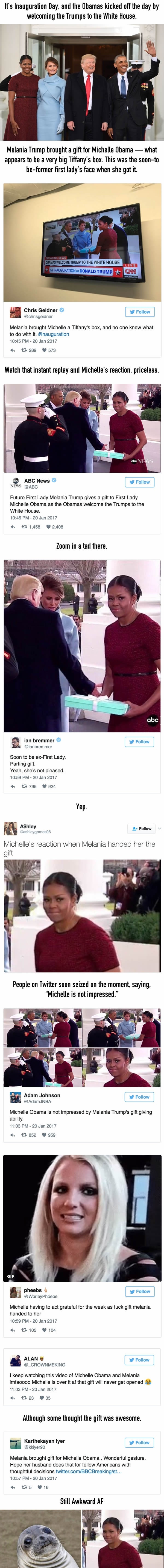 Michelle Obamas face when Melania Trump handed her a present was priceless