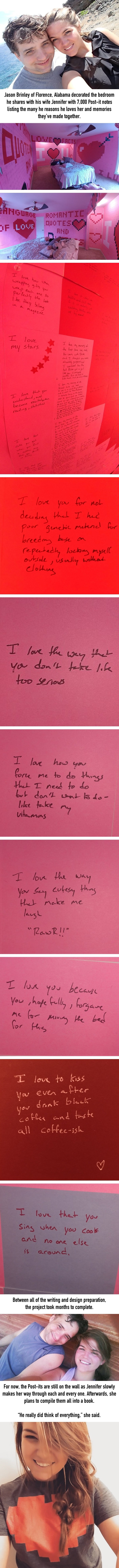 Husband decorates bedroom with 7,000 handwritten post-it notes for wife