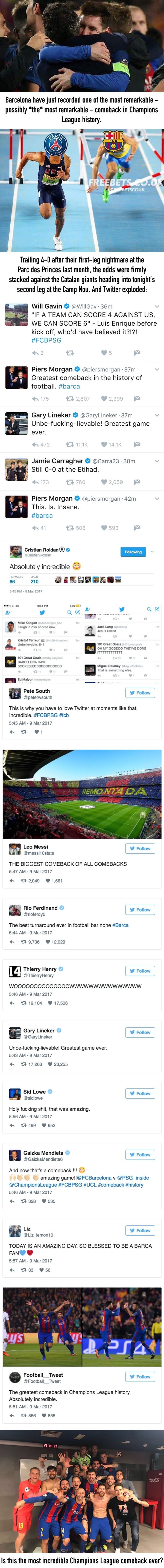 Twitter explodes as Barcelona beat PSG 6-1