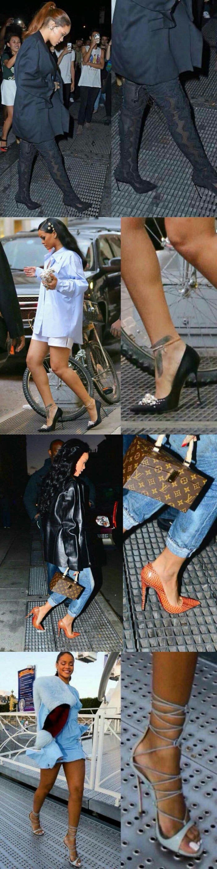 Rihanna walking over holes in pencil heels