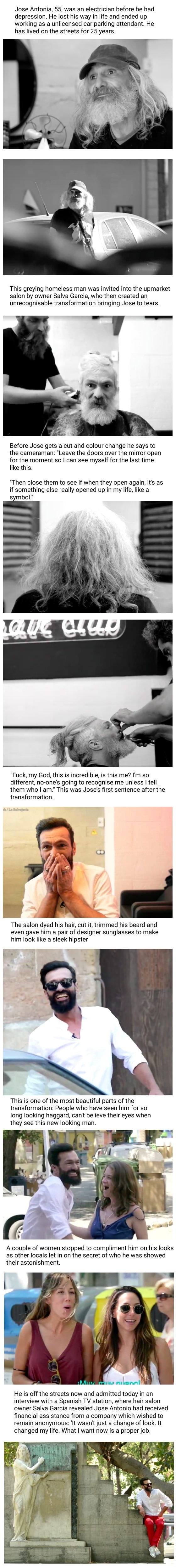 Transformation from a scruffy, grey-haired tramp to a sleek hipster