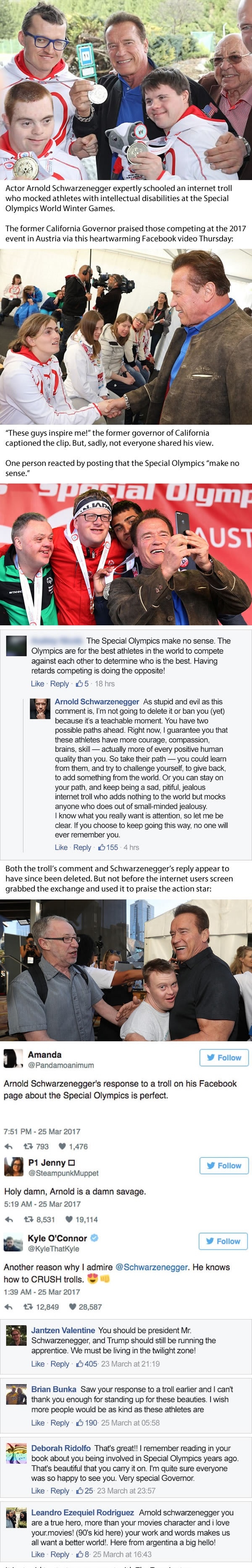 Arnold shuts down troll for mocking Special Olympics