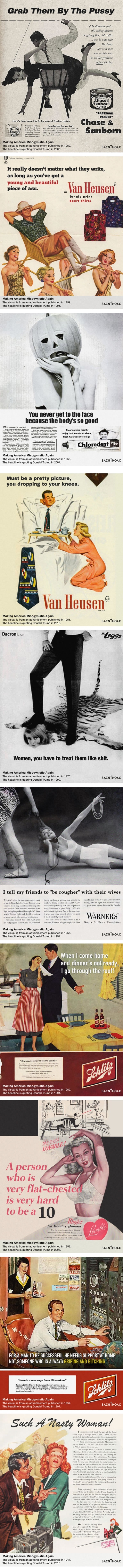 Headlines of s*xist 50s ads replaced with Trump's quotes
