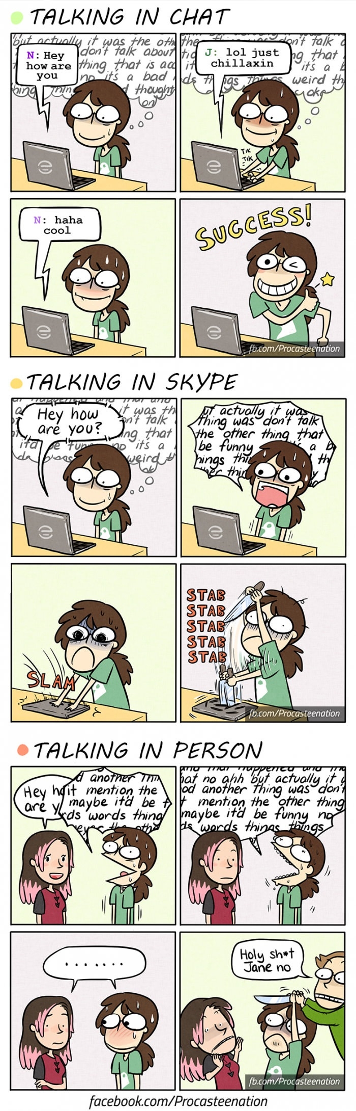 Talking in chat, skype and in person