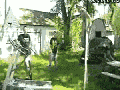 On a treadmill with stilts